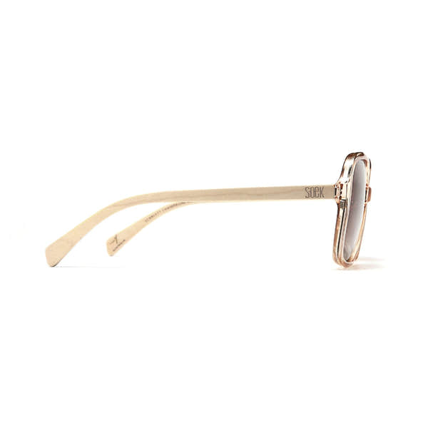 SOEK Scarlett Champagne Brown Gradient Lens sunglasses with maple arms, stylish oversized frame, and neutral tones.