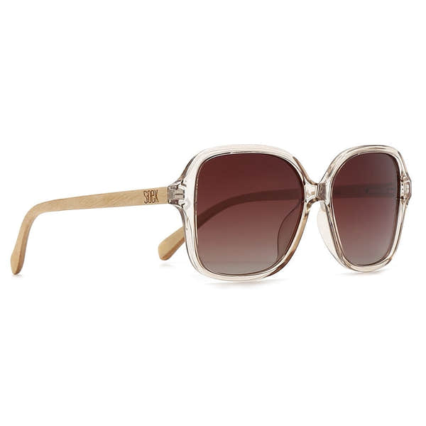 SOEK Scarlett sunglasses with brown gradient lenses and maple wood arms, stylish transparent frame, women's fashion eyewear.
