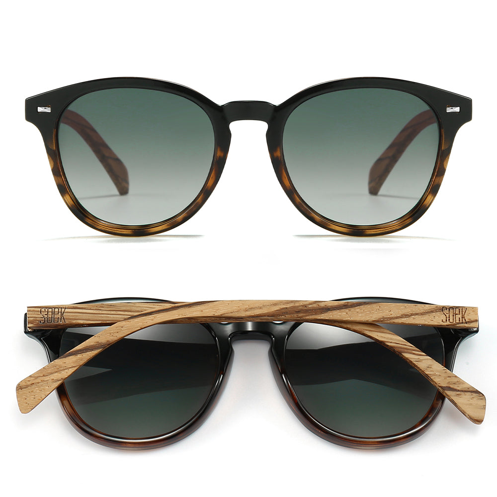 SOEK Taine black tortoise sunglasses with khaki lens, walnut arms, and stylish round frame design.
