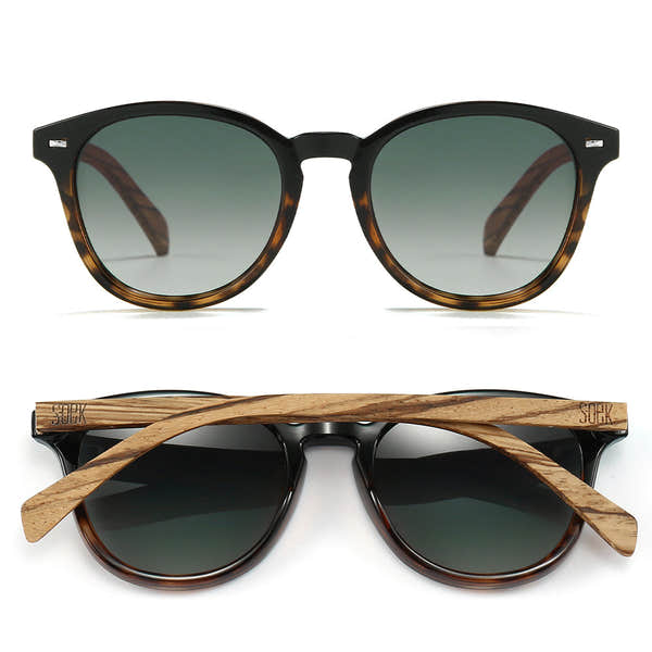 SOEK Taine black tortoise sunglasses with khaki lens, walnut arms, and stylish round frame design.