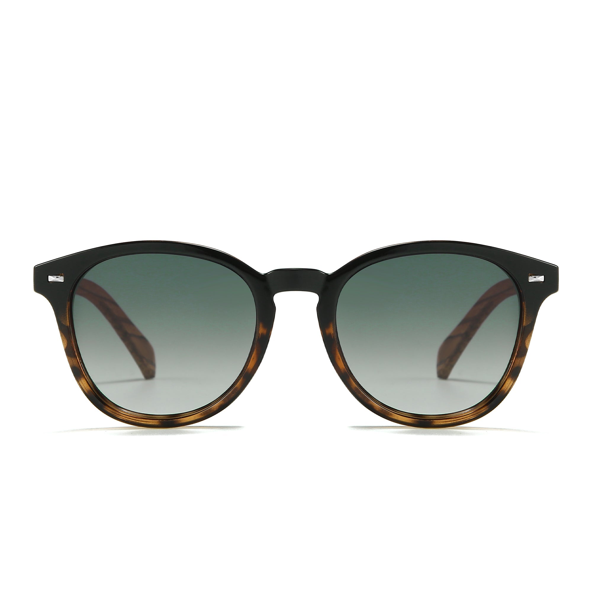 SOEK Taine black tortoise sunglasses with khaki lenses and walnut arms, stylish round frame, UV protection, and trendy tortoise design.