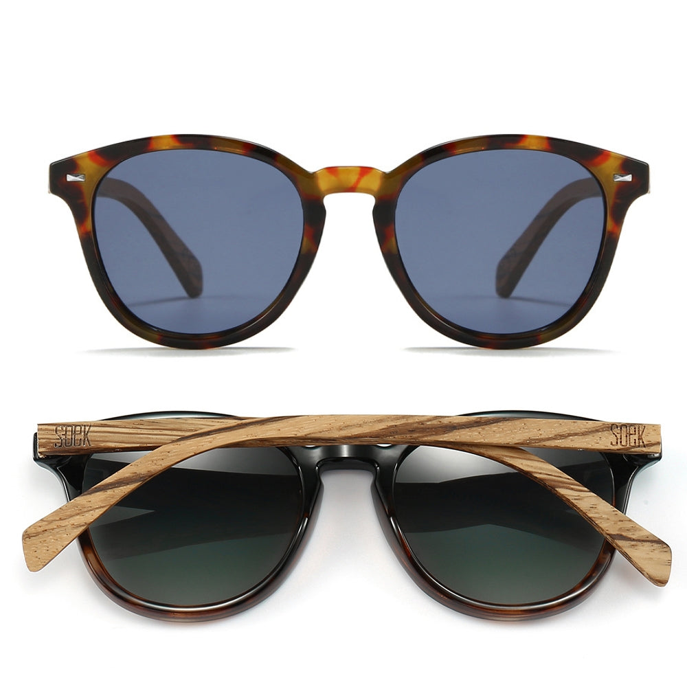 SOEK Taine Tortoise Blue Lens sunglasses with walnut wood arms and black frames, stylish and eco-friendly eyewear.