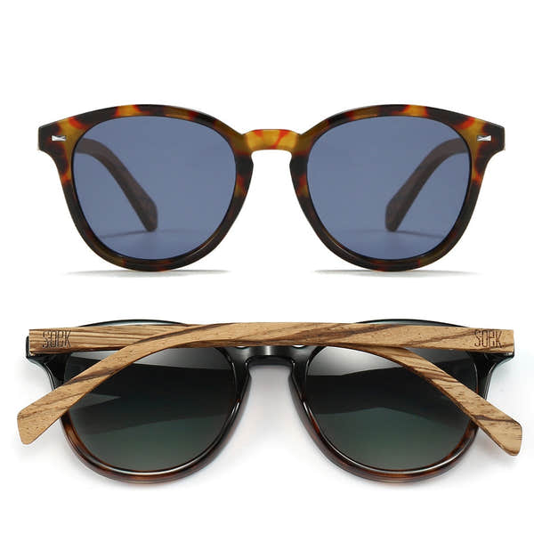 SOEK Taine Tortoise Blue Lens sunglasses with walnut wood arms and black frames, stylish and eco-friendly eyewear.