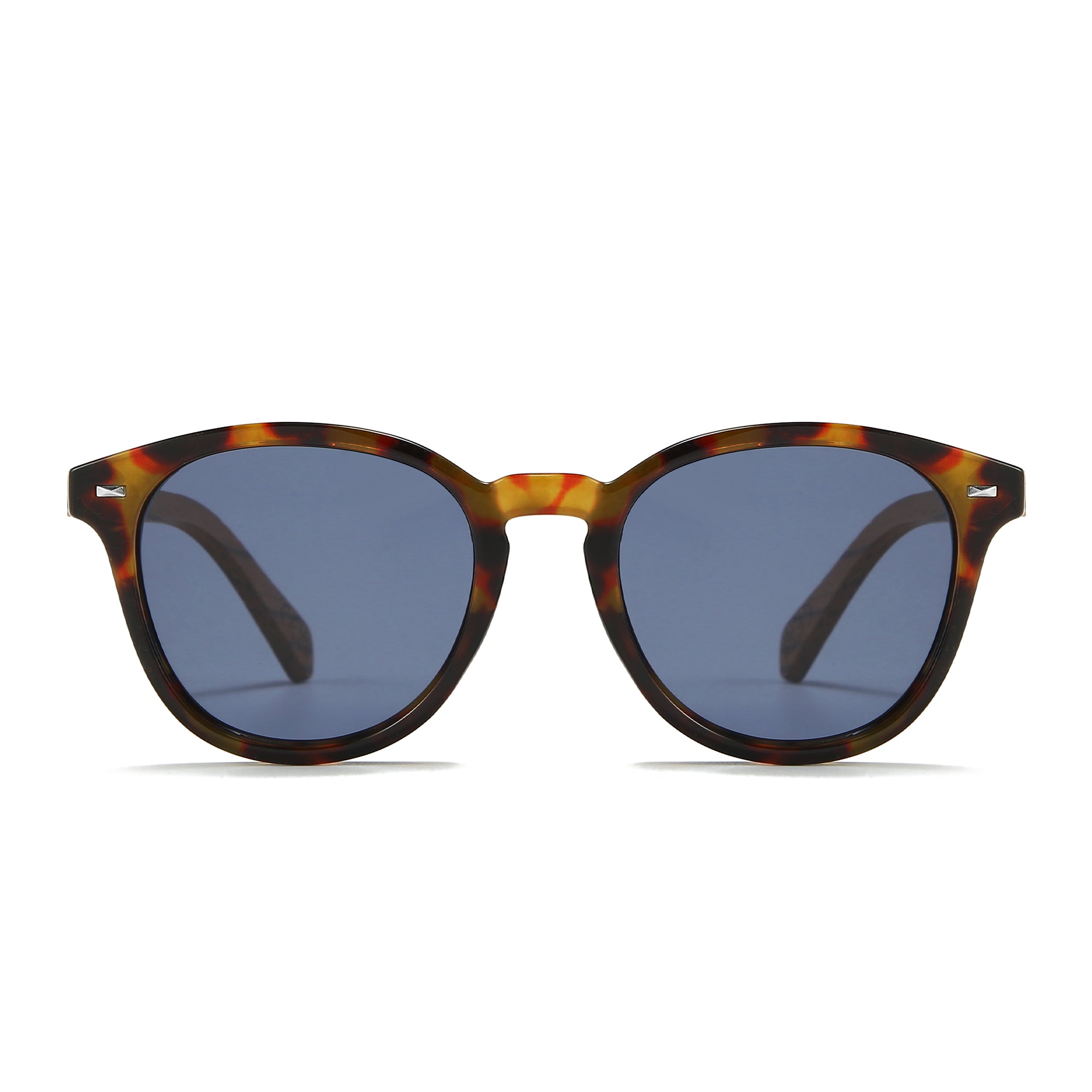 SOEK Taine Tortoise Shell Blue Lens sunglasses with walnut arms.