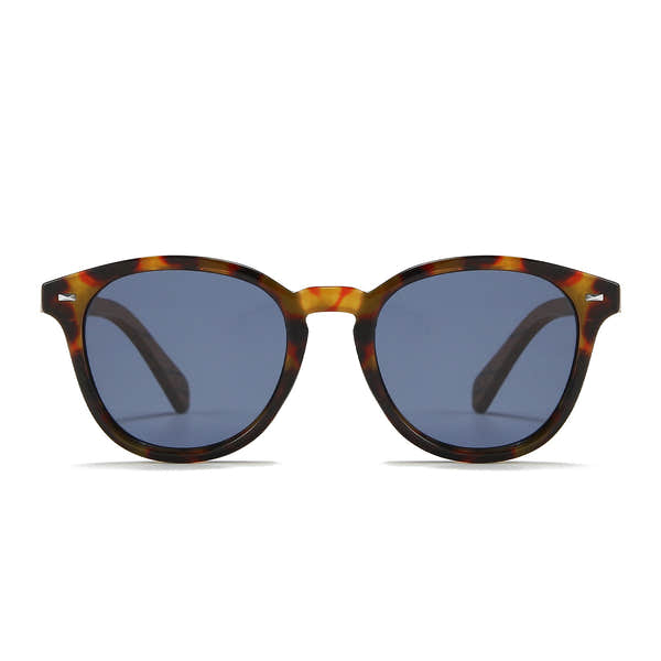 SOEK Taine Tortoise Shell Blue Lens sunglasses with walnut arms.