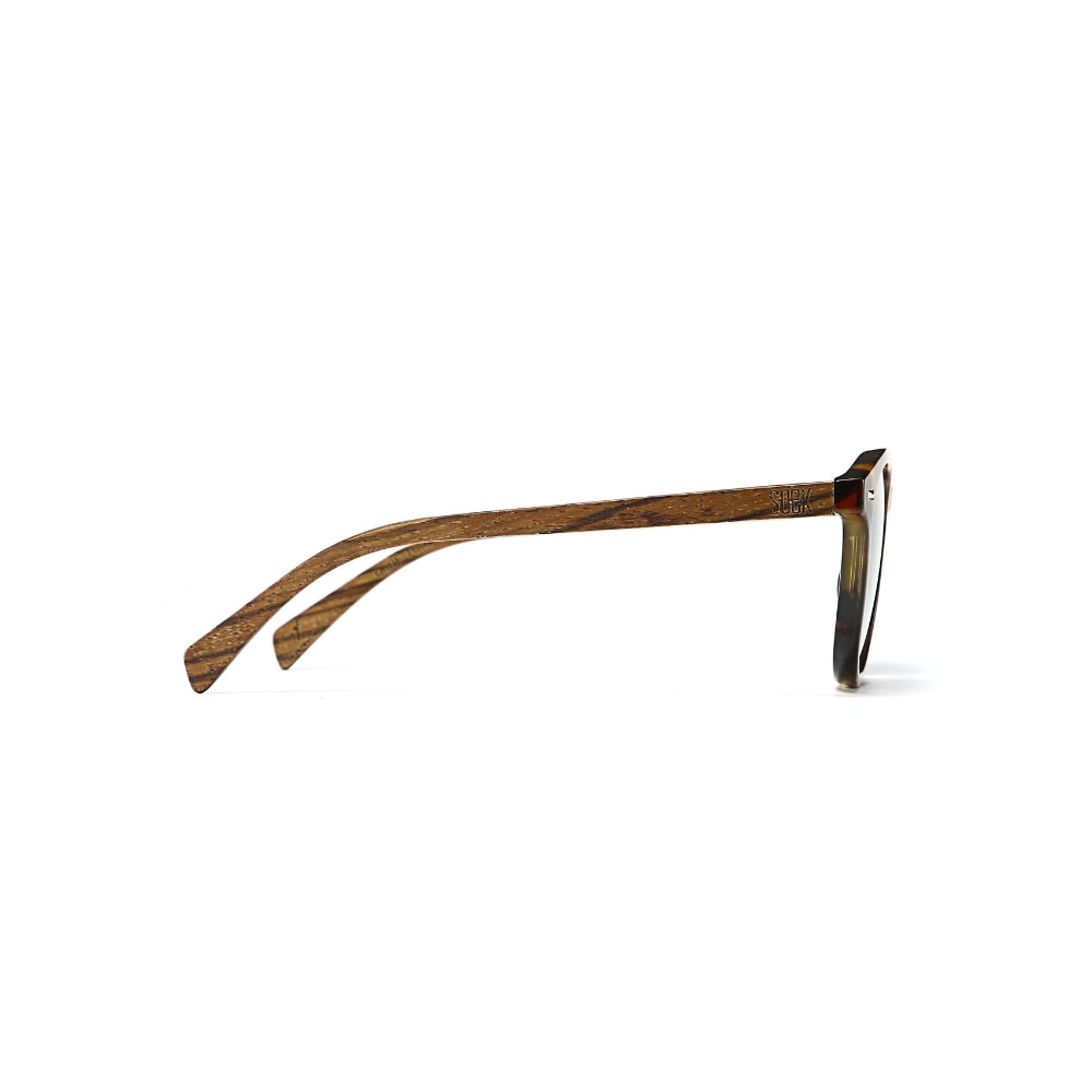 SOEK Taine tortoise shell sunglasses with blue lenses and walnut wood arms, stylish and eco-friendly eyewear.