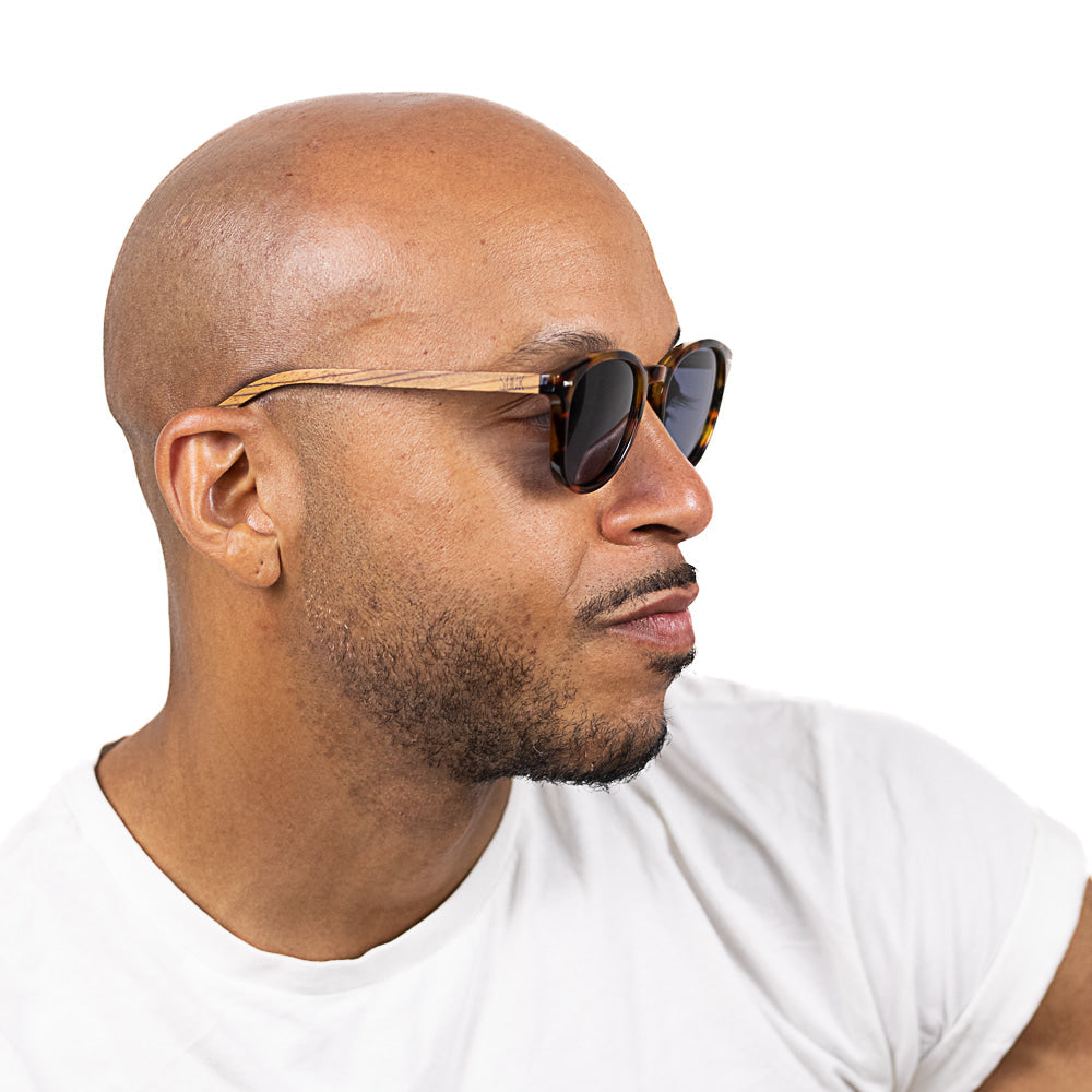 SOEK Taine Tortoise Shell Sunglasses with Blue Lenses and Walnut Wood Arms, men's fashion eyewear, stylish and UV protective.