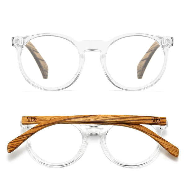SOEK Wineglass Bay Blue Light Magnifying Reader glasses with clear and wooden frames, designed for enhanced reading and blue light filtering.