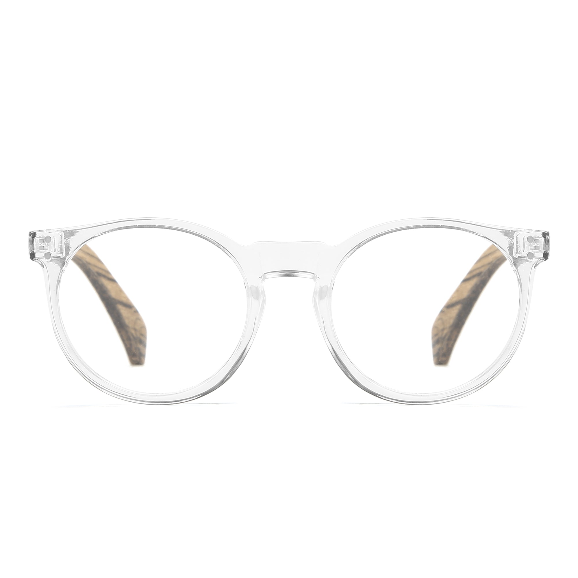 SOEK Wineglass Bay blue light magnifying reading glasses with clear frame and tortoiseshell temples.