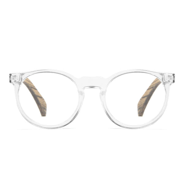 SOEK Wineglass Bay blue light magnifying reading glasses with clear frame and tortoiseshell temples.