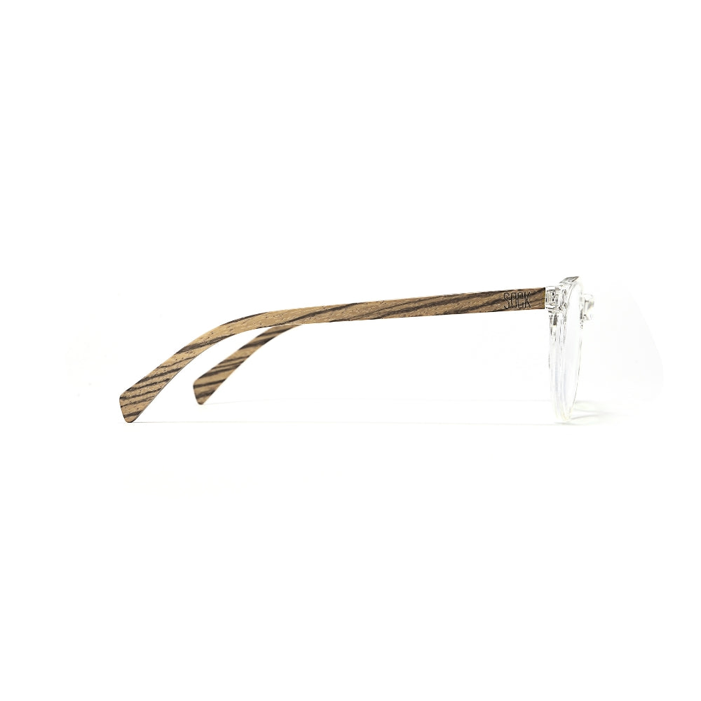 SOEK Wineglass Bay blue light magnifying reader glasses with wooden arms and clear lenses, designed for enhanced reading comfort.
