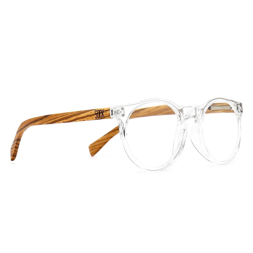 SOEK Wineglass Bay blue light magnifying reading glasses with clear frame and wooden temples.