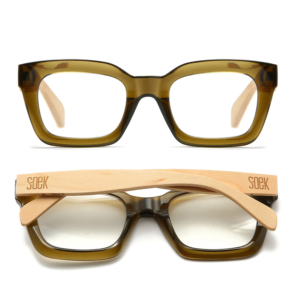 SOEK Zahra Khaki Magnifying Blue Light Reader glasses with wooden clip-on and clear lenses, designed for reading and digital screen use.