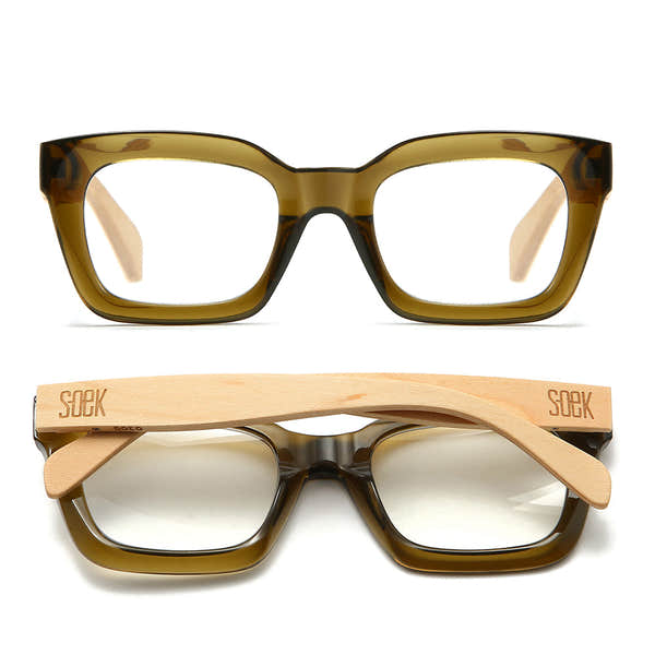 SOEK Zahra Khaki Magnifying Blue Light Reader glasses with wooden clip-on and clear lenses, designed for reading and digital screen use.