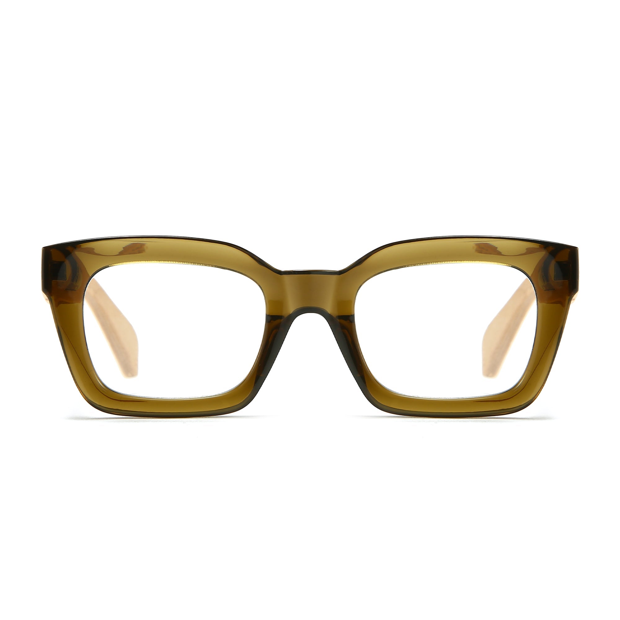 SOEK Zahra khaki magnifying blue light reader glasses with bold rectangular frames and yellow-tinted lenses.