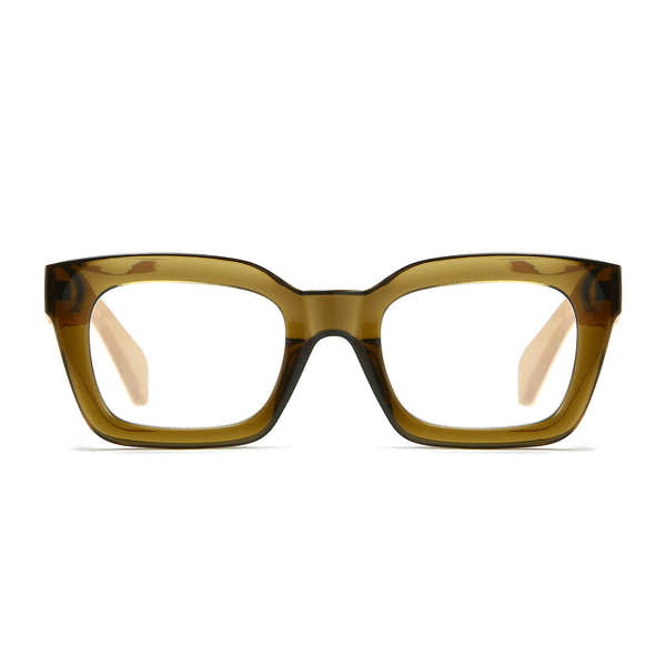 SOEK Zahra khaki magnifying blue light reader glasses with bold rectangular frames and yellow-tinted lenses.