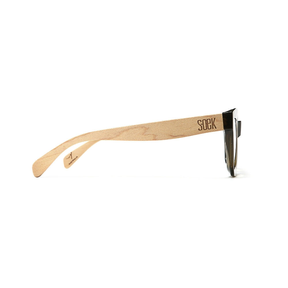 SOEK Zahra Khaki Magnifying Blue Light Reader with wooden arms and black frame, designed for enhanced reading and blue light protection.