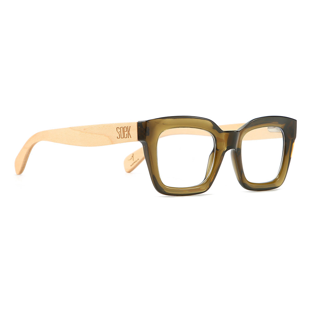 SOEK Zahra Khaki Magnifying Blue Light Reader glasses with beige wooden temples and square frames, designed for reading and blue light protection.