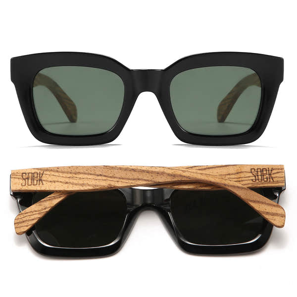 SOEK Zahra Midnight khaki polarised sunglasses with walnut wood arms and black frames.