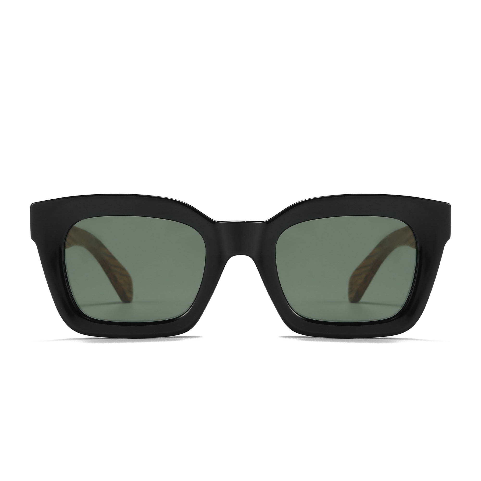 SOEK Zahra Midnight sunglasses with khaki polarized lenses and walnut arms, bold black frame, stylish eyewear for men and women.