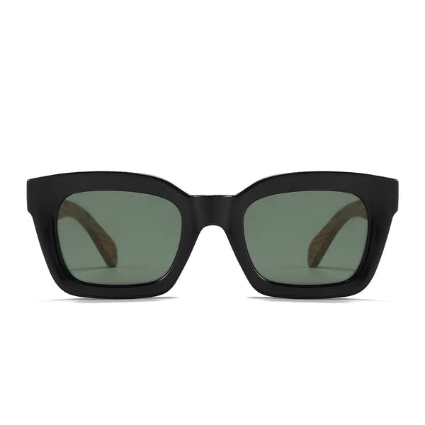 SOEK Zahra Midnight sunglasses with khaki polarized lenses and walnut arms, bold black frame, stylish eyewear for men and women.