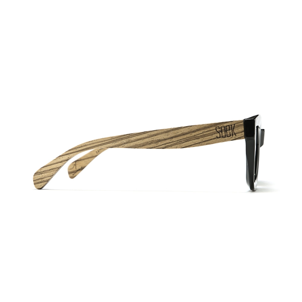 SOEK Zahra Midnight khaki polarized sunglasses with walnut wood arms and black frames.