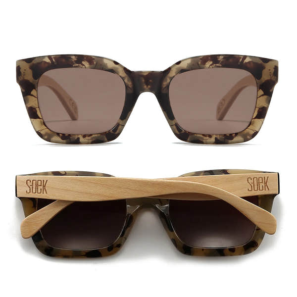 Tortoise brown sunglasses with white maple arms, featuring a square frame and polarized lenses.