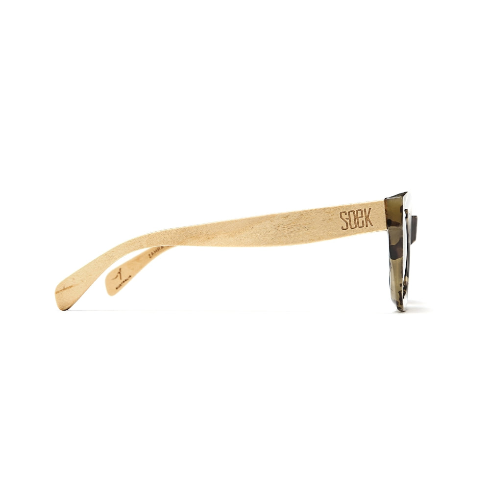 Soek Zahra opal tortoise brown sunglasses with white maple arms and black accents.