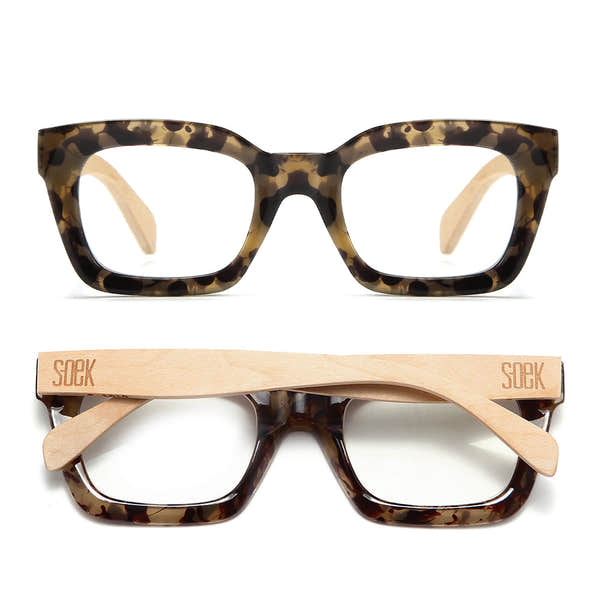 SOEK Zahra Opal Tortoise Blue Light Reader glasses with trendy rectangular frames and blue light blocking lenses.