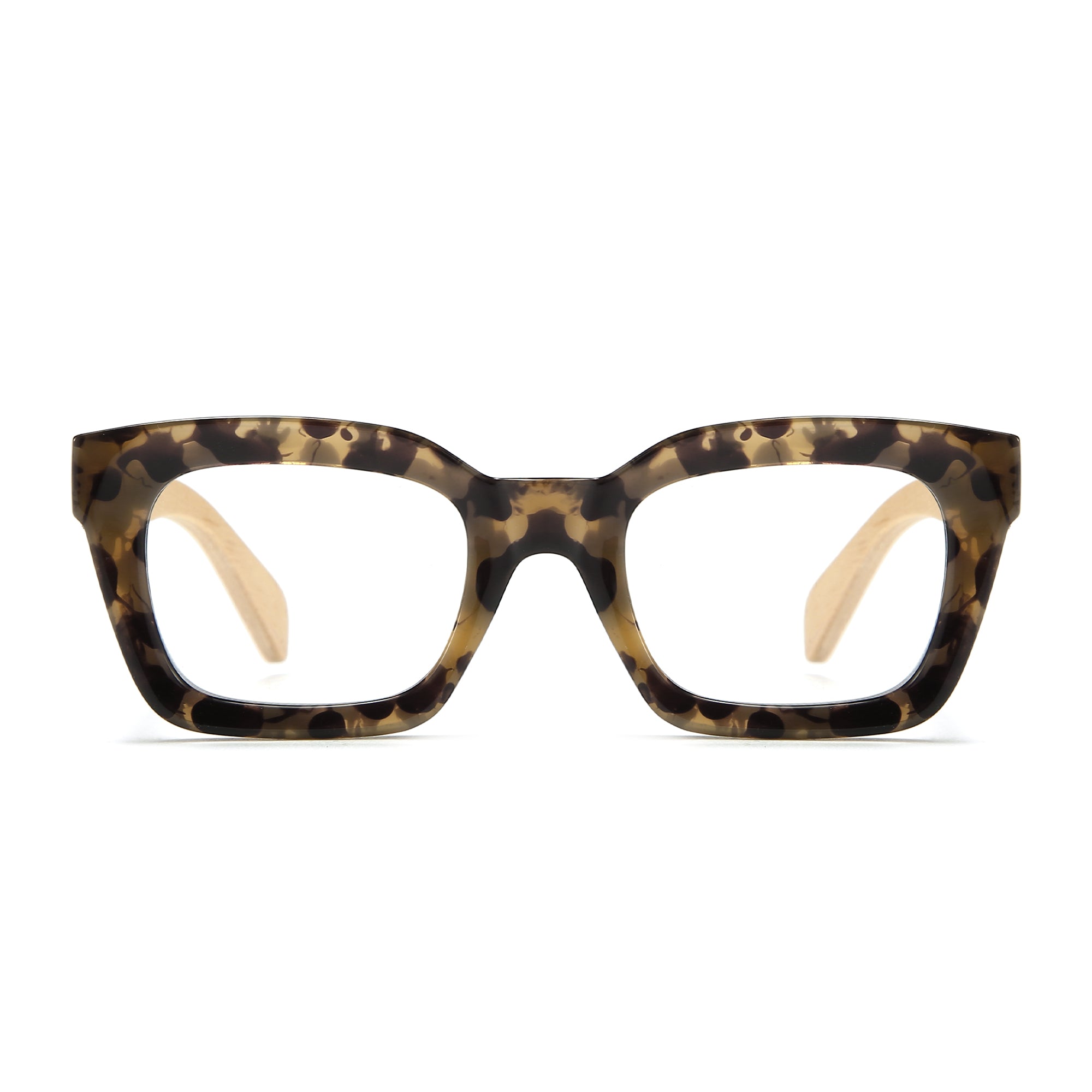 SOEK Zahra Opal Tortoise Blue Light Reader glasses with bold, square tortoise shell frames and clear lenses.