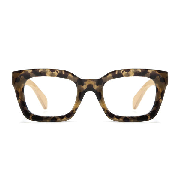 SOEK Zahra Opal Tortoise Blue Light Reader glasses with bold, square tortoise shell frames and clear lenses.