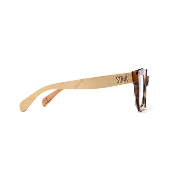 SOEK Zahra Opal Tortoise Blue Light Reader glasses with tortoiseshell frame and beige temple arms.