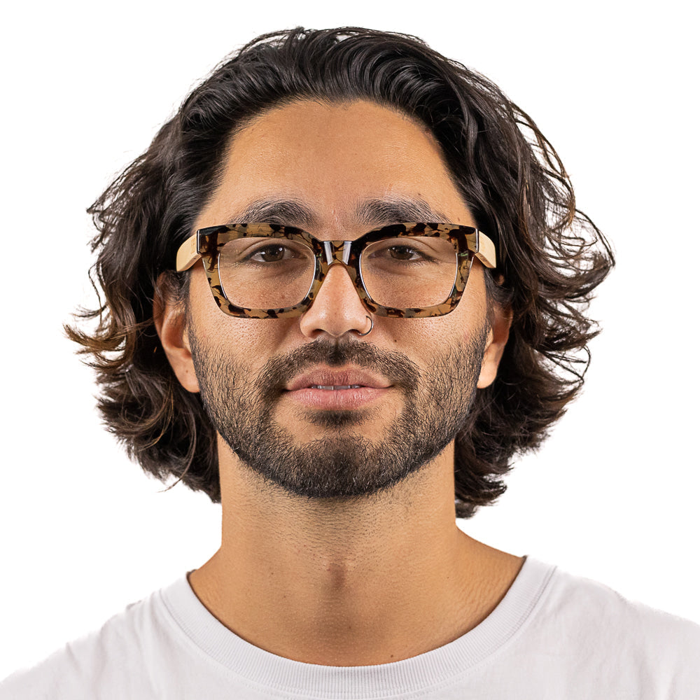 SOEK Zahra Opal Tortoise Blue Light Reader glasses with rectangular tortoise shell frame.