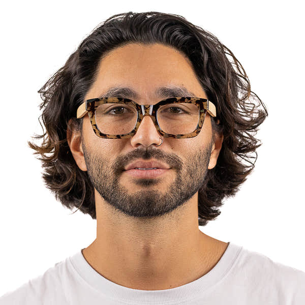 SOEK Zahra Opal Tortoise Blue Light Reader glasses with rectangular tortoise shell frame.