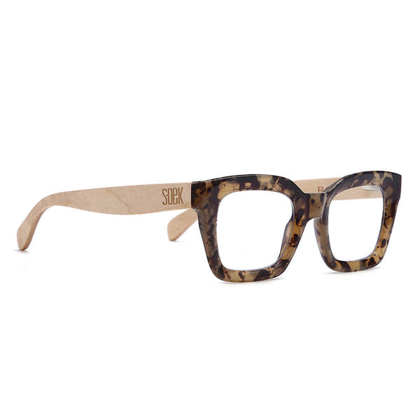 SOEK Zahra Tortoise Shell Blue Light Reader Glasses with Wooden Arms, square-shaped frames, designed for blue light blocking.
