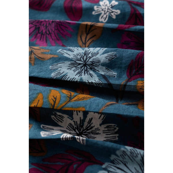 Seasalt Thornapple shirt fabric with woodblock floral print in dusky jade, featuring white, pink, and orange blooms.