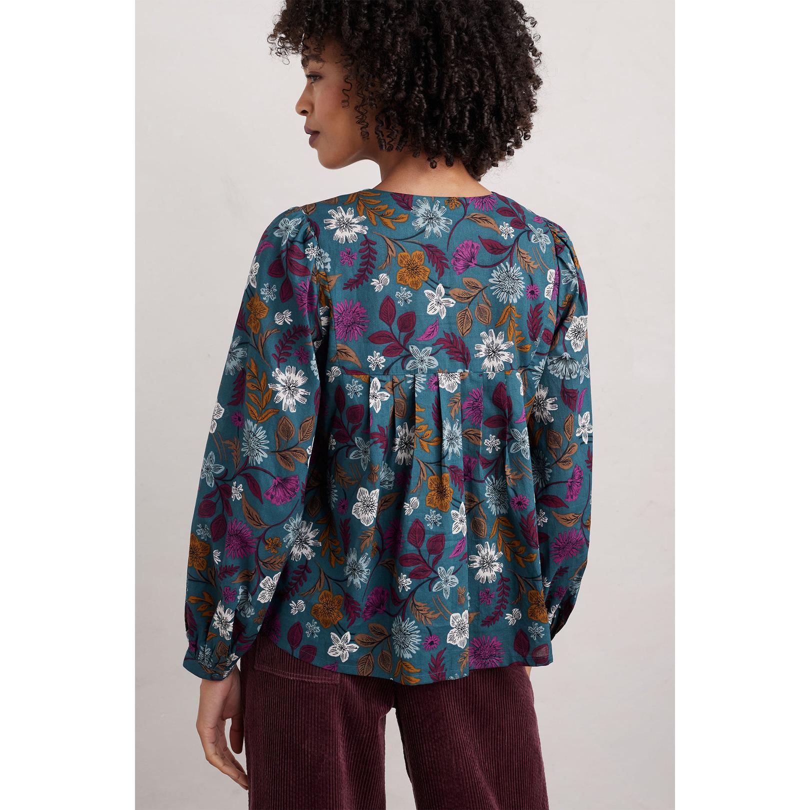 Seasalt Thornapple Shirt in Dusky Jade with woodblock floral print, long sleeves, and relaxed fit, showcasing vibrant botanical design.