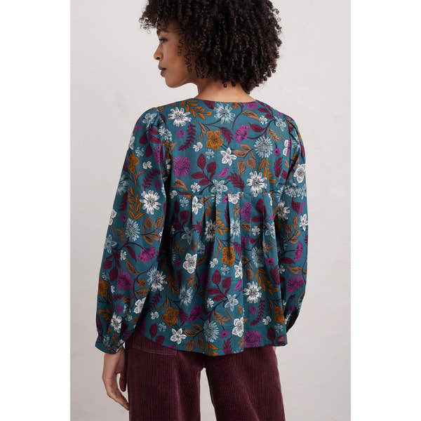 Seasalt Thornapple Shirt in Dusky Jade with woodblock floral print, long sleeves, and relaxed fit, showcasing vibrant botanical design.