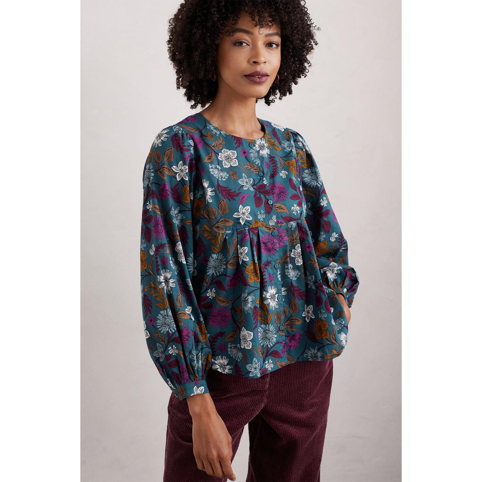 Seasalt Thornapple Shirt in Dusky Jade with woodblock flower print, long sleeves, and relaxed fit.