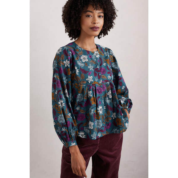 Seasalt Thornapple Shirt in Dusky Jade with woodblock flower print, long sleeves, and relaxed fit.