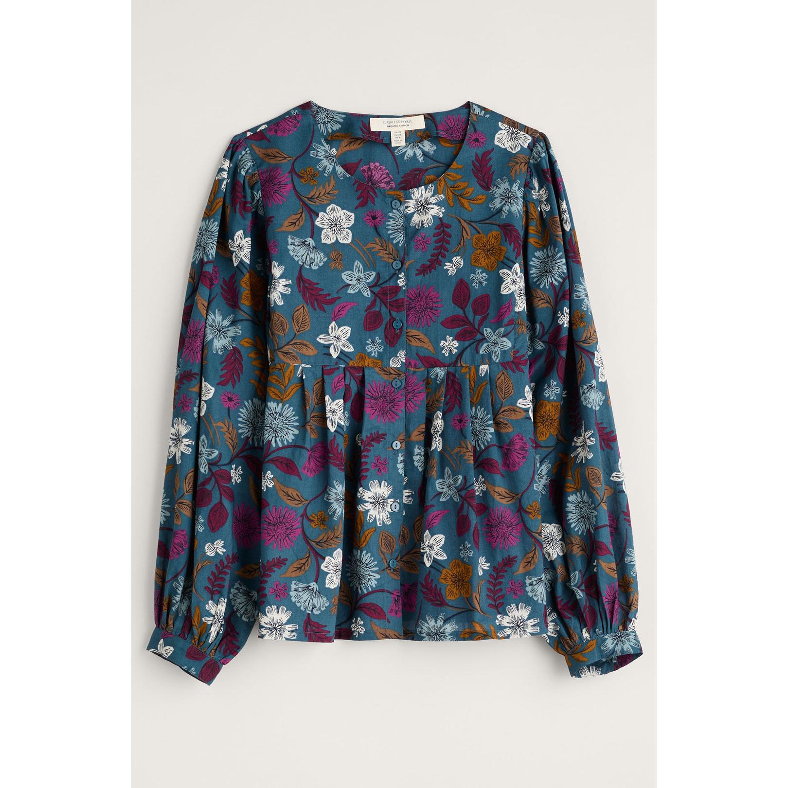 Seasalt Thornapple Shirt in Dusky Jade with a woodblock floral print, long sleeves, button-front, and relaxed fit.
