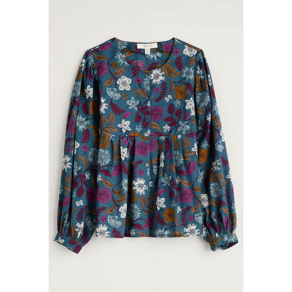 Seasalt Thornapple Shirt in Dusky Jade with a woodblock floral print, long sleeves, button-front, and relaxed fit.