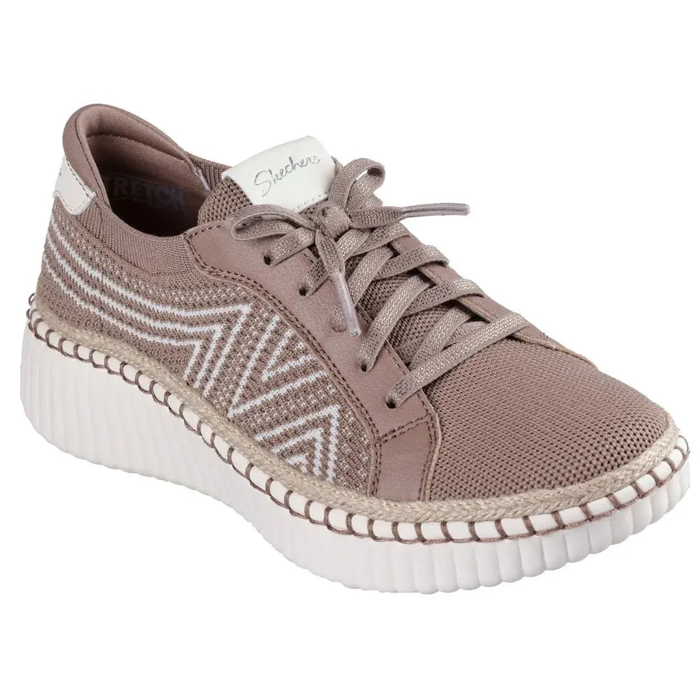 Skechers Wilshire Boulevard Ladies Vegan Lace-Up Shoes in Mocca with Textile Upper and Ribbed White Platform Sole.
