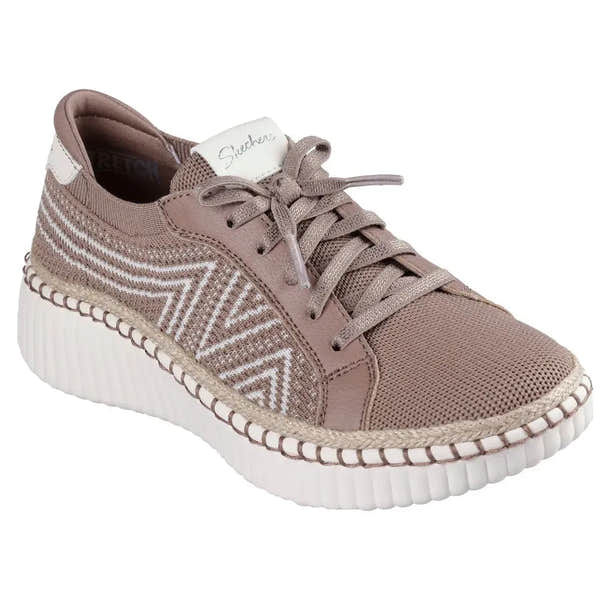 Skechers Wilshire Boulevard Ladies Vegan Lace-Up Shoes in Mocca with Textile Upper and Ribbed White Platform Sole.
