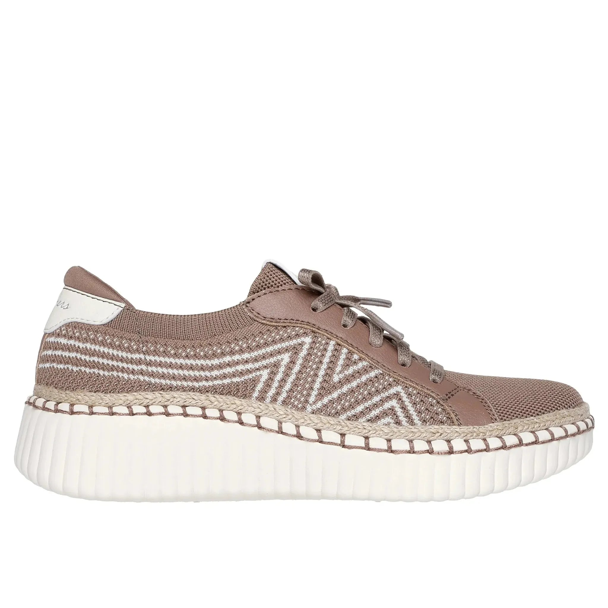 Skechers Wilshire Boulevard Bellevue Ladies Vegan Lace-Up Shoes in Mocha textile with geometric stitching and thick white sole.