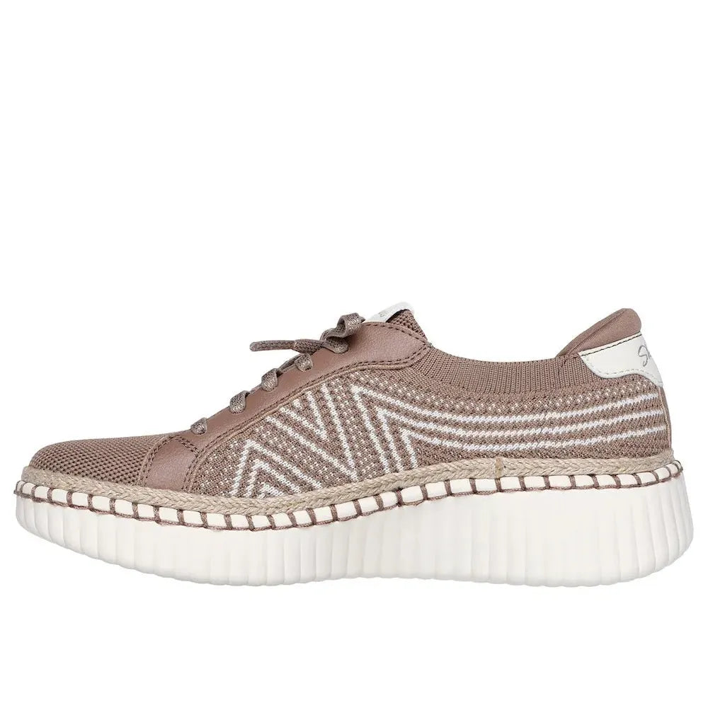 Skechers Wilshire Boulevard Ladies Vegan Lace-Up Shoes in Mocha Textile with white sole and sporty design.