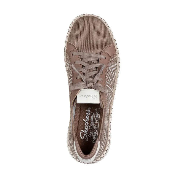 Skechers Wilshire Boulevard Ladies Vegan Lace Up Shoes in Mocca textile with white zigzag details and memory foam insoles.