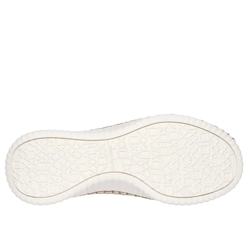 Skechers Wilshire Boulevard Bellevue Ladies Mocca Textile Vegan Lace-Up Shoes, white sole, casual slip-on style.