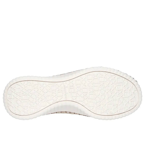 Skechers Wilshire Boulevard Bellevue Ladies Mocca Textile Vegan Lace-Up Shoes, white sole, casual slip-on style.