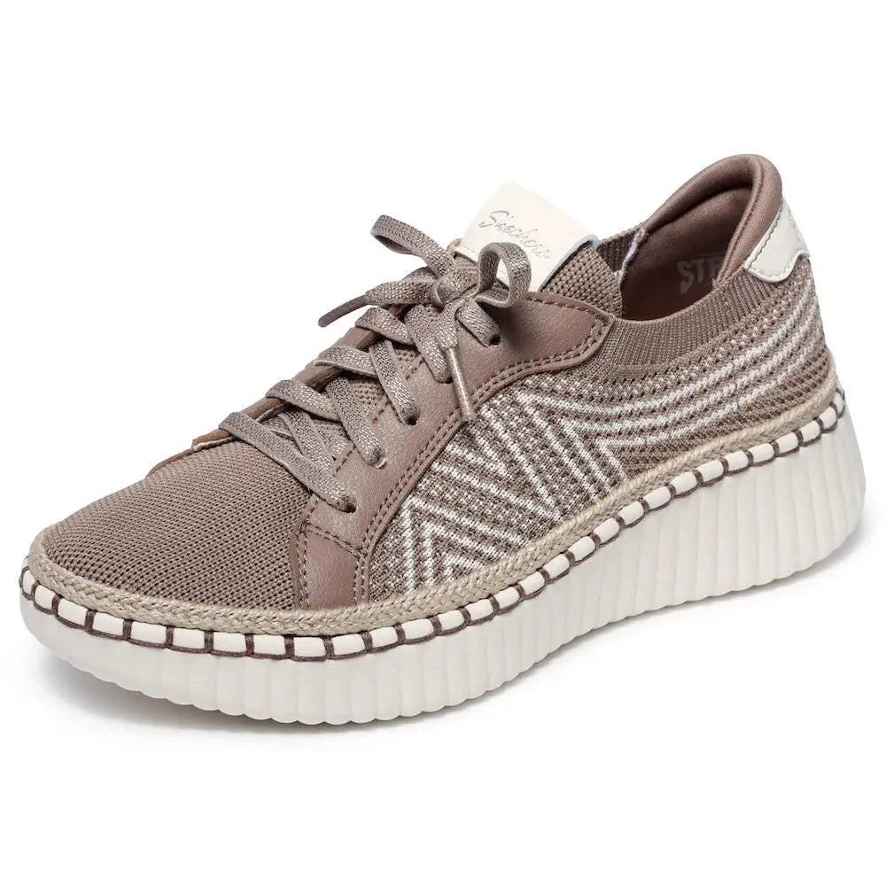 Skechers Wilshire Boulevard Bellevue Ladies Vegan Lace-Up Shoes, textile and fabric design, mocha color, chunky white sole.